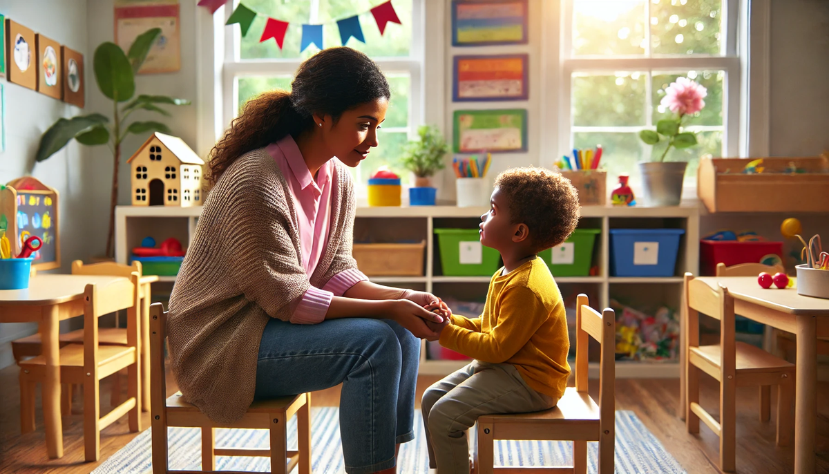 A teacher supporting a child by holding their hands and chatting